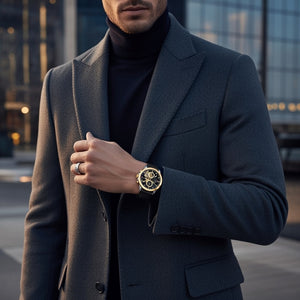 Tommy Hilfiger Henry 1710474 men's watch with two-tone silver and gold case, skeleton dial, and black leather strap