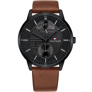Tommy Hilfiger Hunter 1791604 men's watch black case brown leather strap black dial