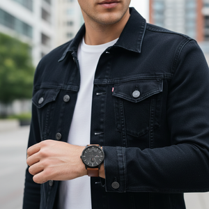 Man wearing modern Tommy Hilfiger Hunter 1791604 watch with brown leather strap