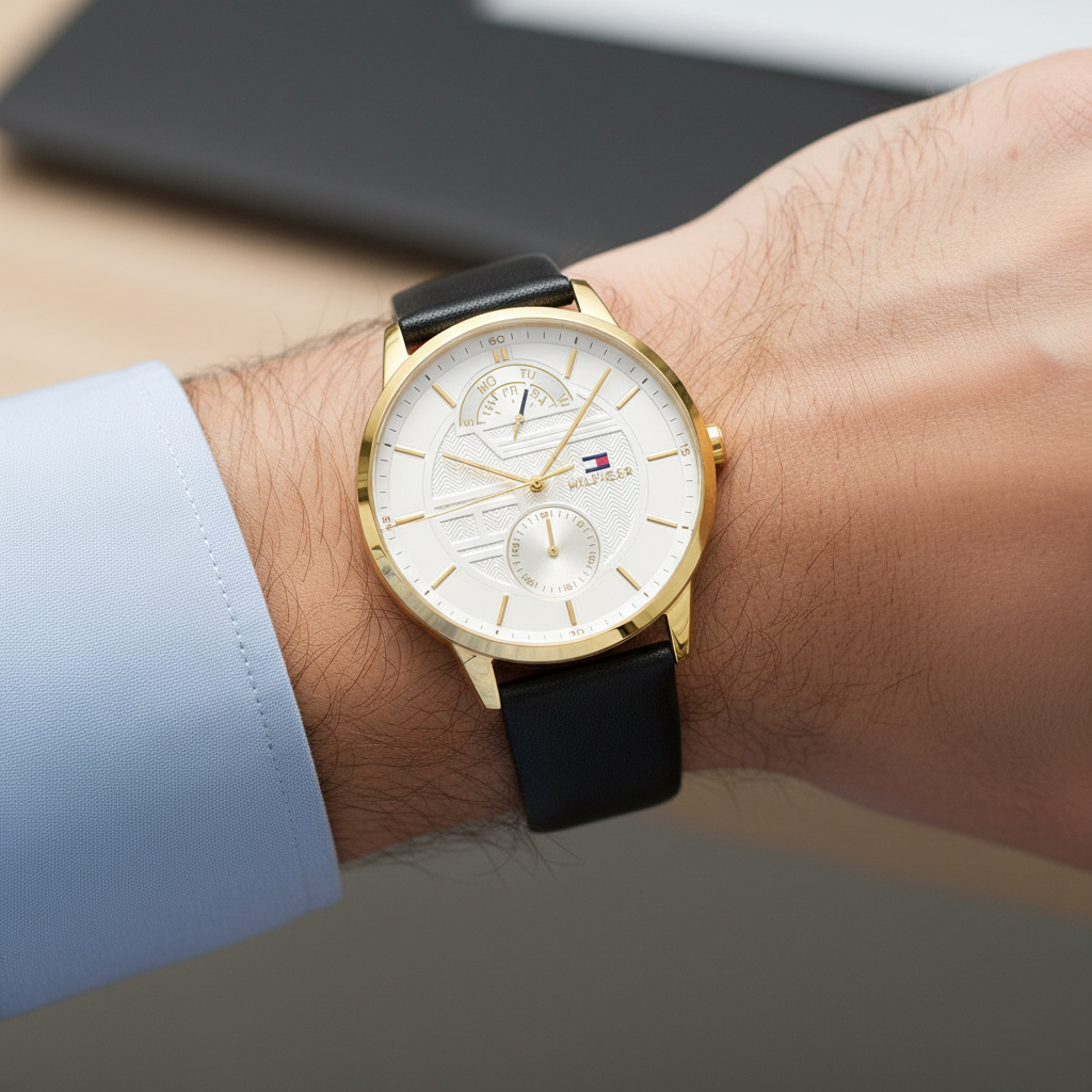 Close up of white textured dial and multi-function sub-dials of Tommy Hilfiger 1791606