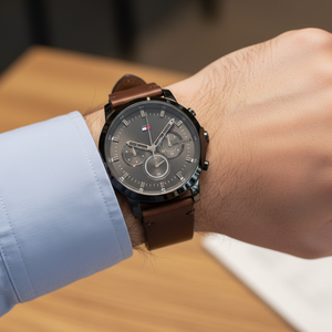 Close up of grey dial and multi-function sub-dials of Tommy Hilfiger 1791799