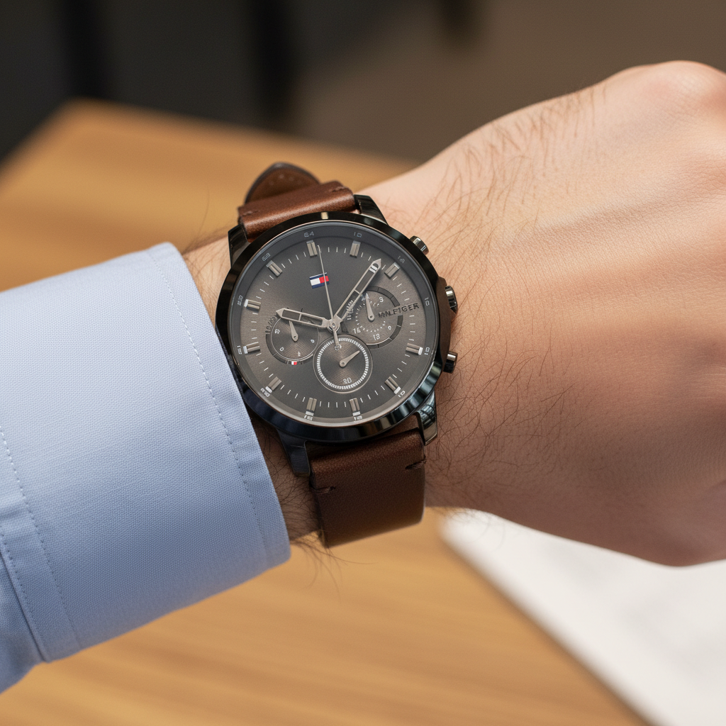 Close up of grey dial and multi-function sub-dials of Tommy Hilfiger 1791799