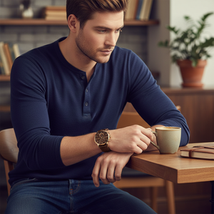 Man wearing luxurious Tommy Hilfiger Kane 1710400 rose gold watch with brown leather strap