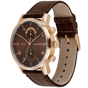 Profile view of Tommy Hilfiger Kane showing case thickness and brown leather strap