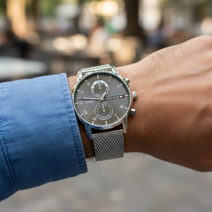 Close up of grey sunray dial and Roman numeral markers of Tommy Hilfiger 1710402