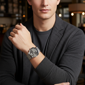 Man wearing elegant Tommy Hilfiger Kane 1710402 watch with silver mesh bracelet