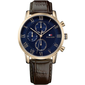 Tommy Hilfiger Kane 1791399 men's watch gold case brown leather strap navy blue dial