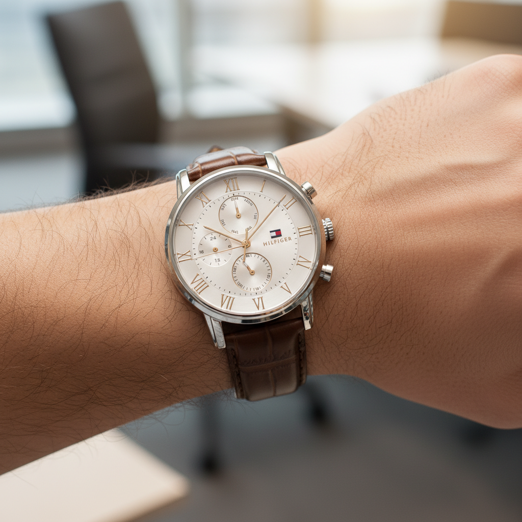 Close up of silver dial and rose gold Roman numerals of Tommy Hilfiger 1791400