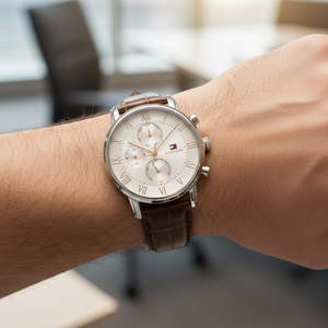 Close up of silver dial and rose gold Roman numerals of Tommy Hilfiger 1791400