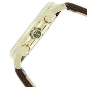 Profile view of Tommy Hilfiger Keagan showing case thickness and leather strap