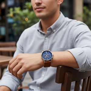 Man wearing sophisticated Tommy Hilfiger Kyle 1791629 watch with brown leather strap