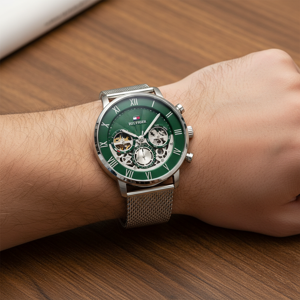 Close up of green dial with Roman numerals and skeletonized sub-dials of Tommy Hilfiger 1710567