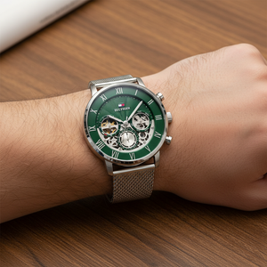 Close up of green dial with Roman numerals and skeletonized sub-dials of Tommy Hilfiger 1710567