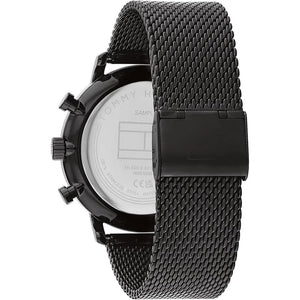 Profile view of Tommy Hilfiger Legend showing case thickness and black mesh bracelet