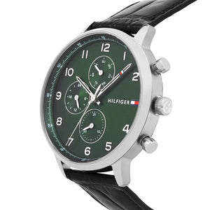 Angled shot highlighting the black croc-embossed leather strap of Tommy Hilfiger 1791985