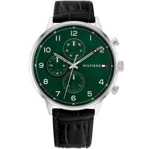 Tommy Hilfiger Leondale 1791985 men's watch silver case black leather strap green dial