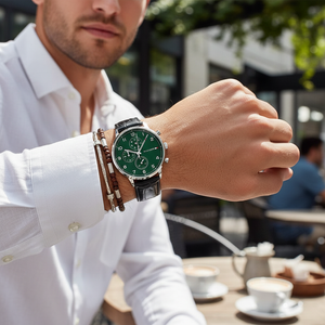 Man wearing elegant Tommy Hilfiger Leondale 1791985 watch with black leather strap