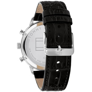 Profile view of Tommy Hilfiger Leondale showing case thickness and black leather strap