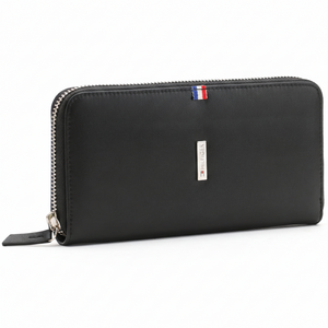 Front view of Tommy Hilfiger long zip-around wallet showing official logo details and zipper closure.