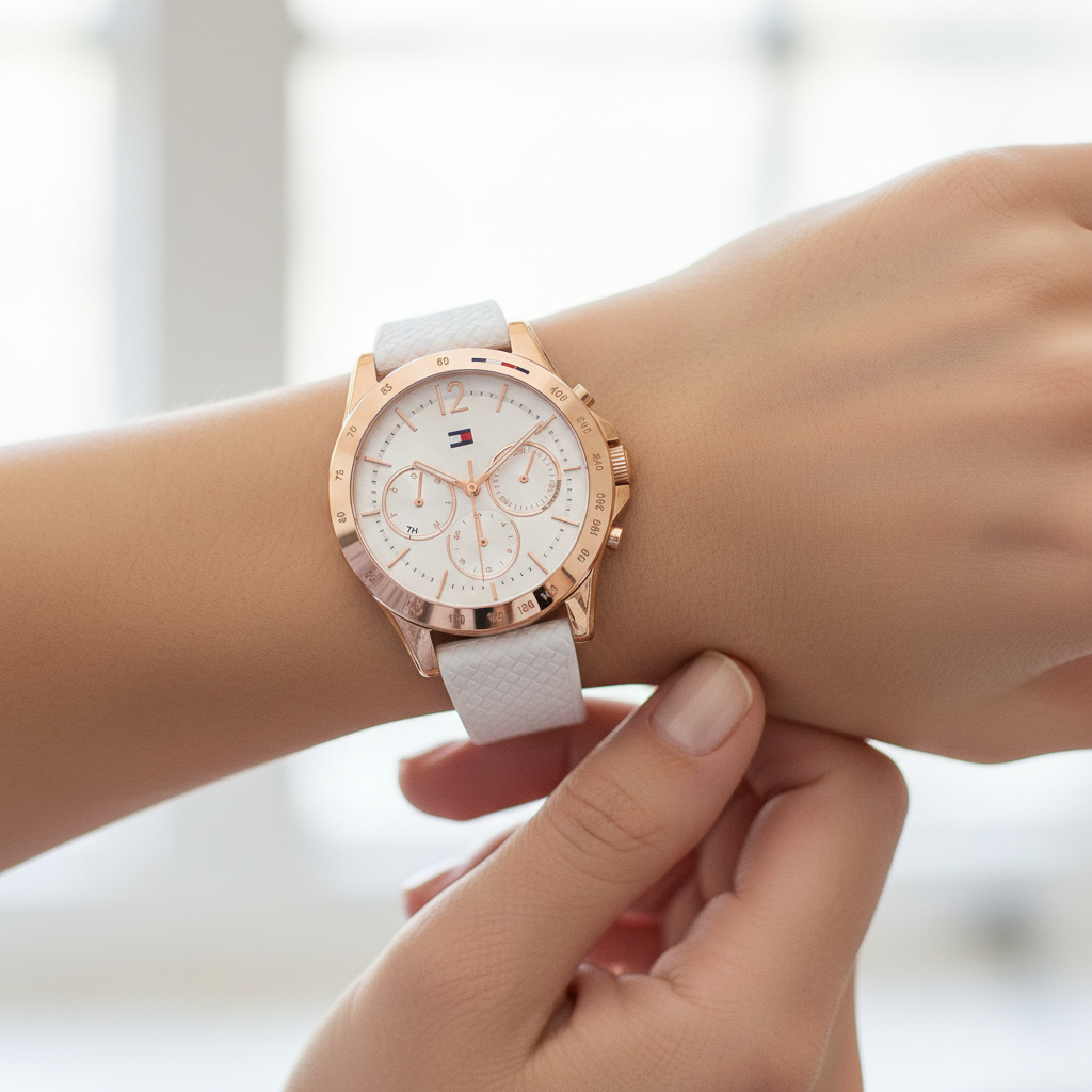 Woman wearing elegant sporty navy and gold Tommy Hilfiger Lori 1782199 watch