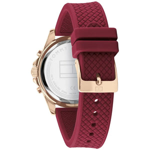 Angled shot highlighting the premium berry pink rubber strap of Tommy Hilfiger 1782200