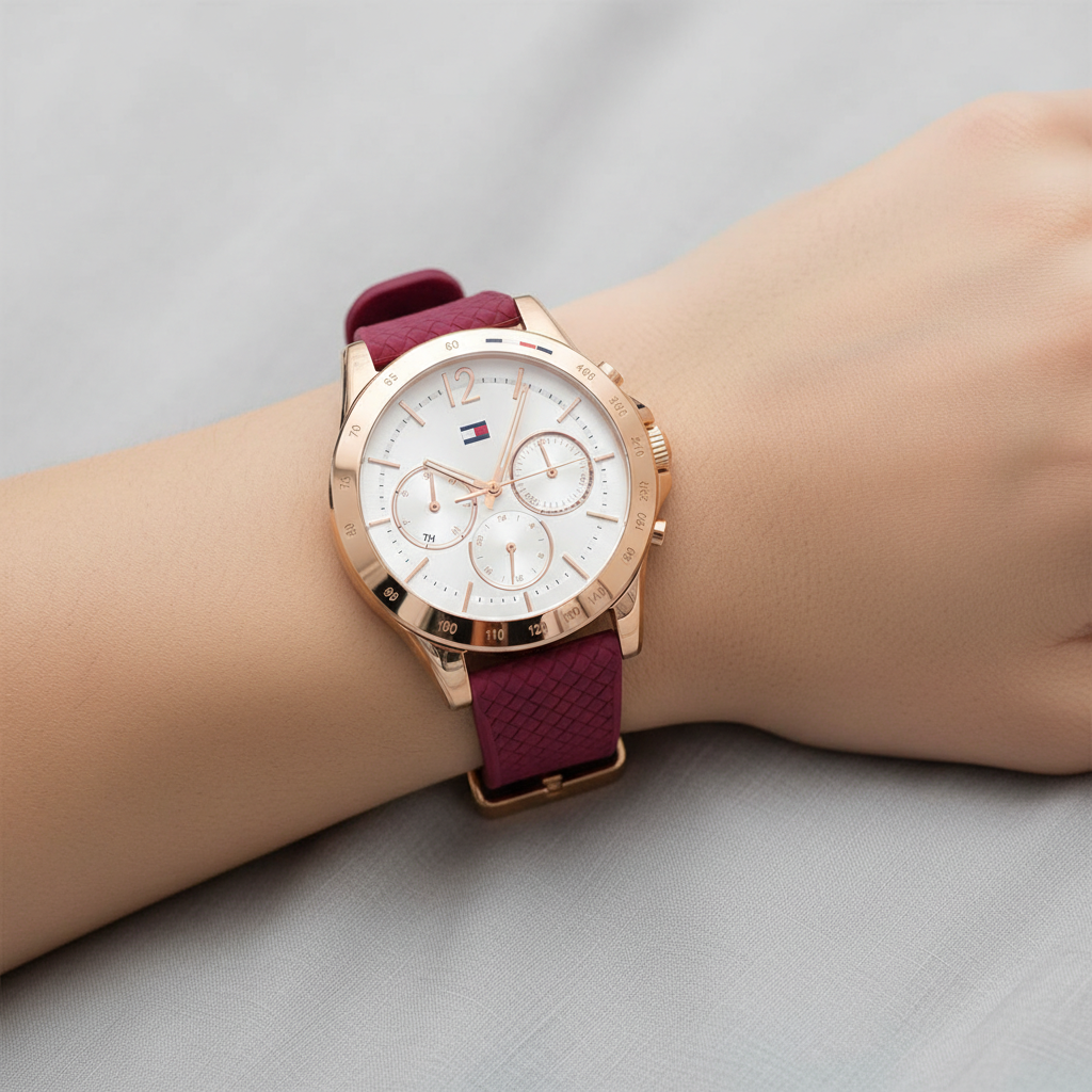 Close up of white sunray dial with crystal markers and rose gold accents of Tommy Hilfiger 1782200