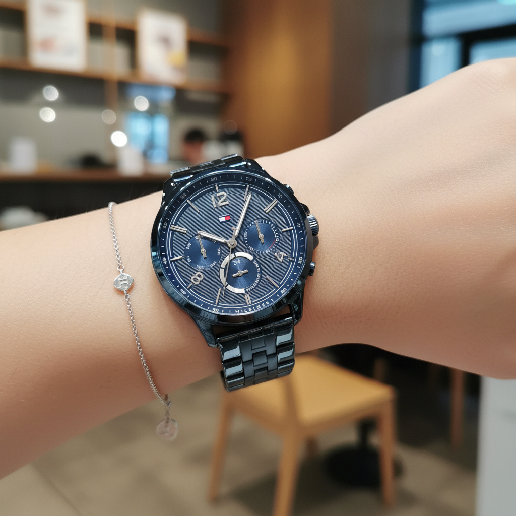 Close up of navy sunray dial with crystal markers and rose gold hands of Tommy Hilfiger 1782227