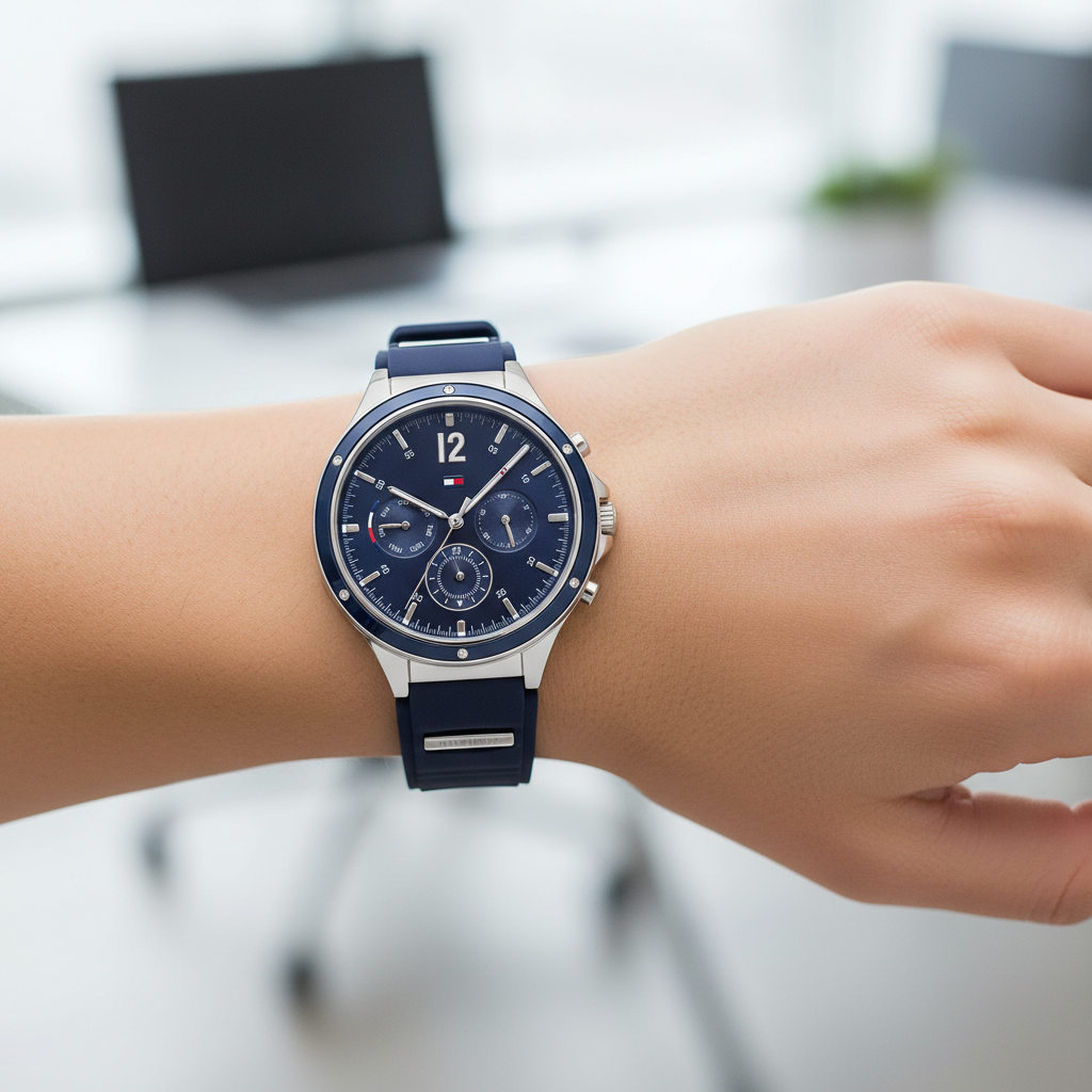 Close up of navy sunray dial with crystal markers of Tommy Hilfiger 1782281