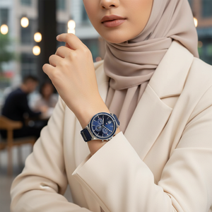 Woman wearing sporty elegant Tommy Hilfiger Lori 1782281 navy watch