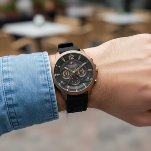 Close up of black dial and mechanical skeleton sub-dials of Tommy Hilfiger 1710491