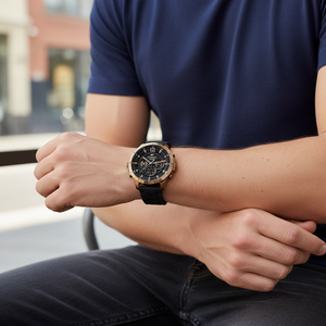 Man wearing bold Tommy Hilfiger Luca 1710491 watch with gold case and rubber strap