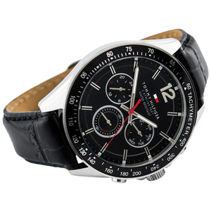 Angled shot highlighting the black croc-embossed leather strap of Tommy Hilfiger 1791117