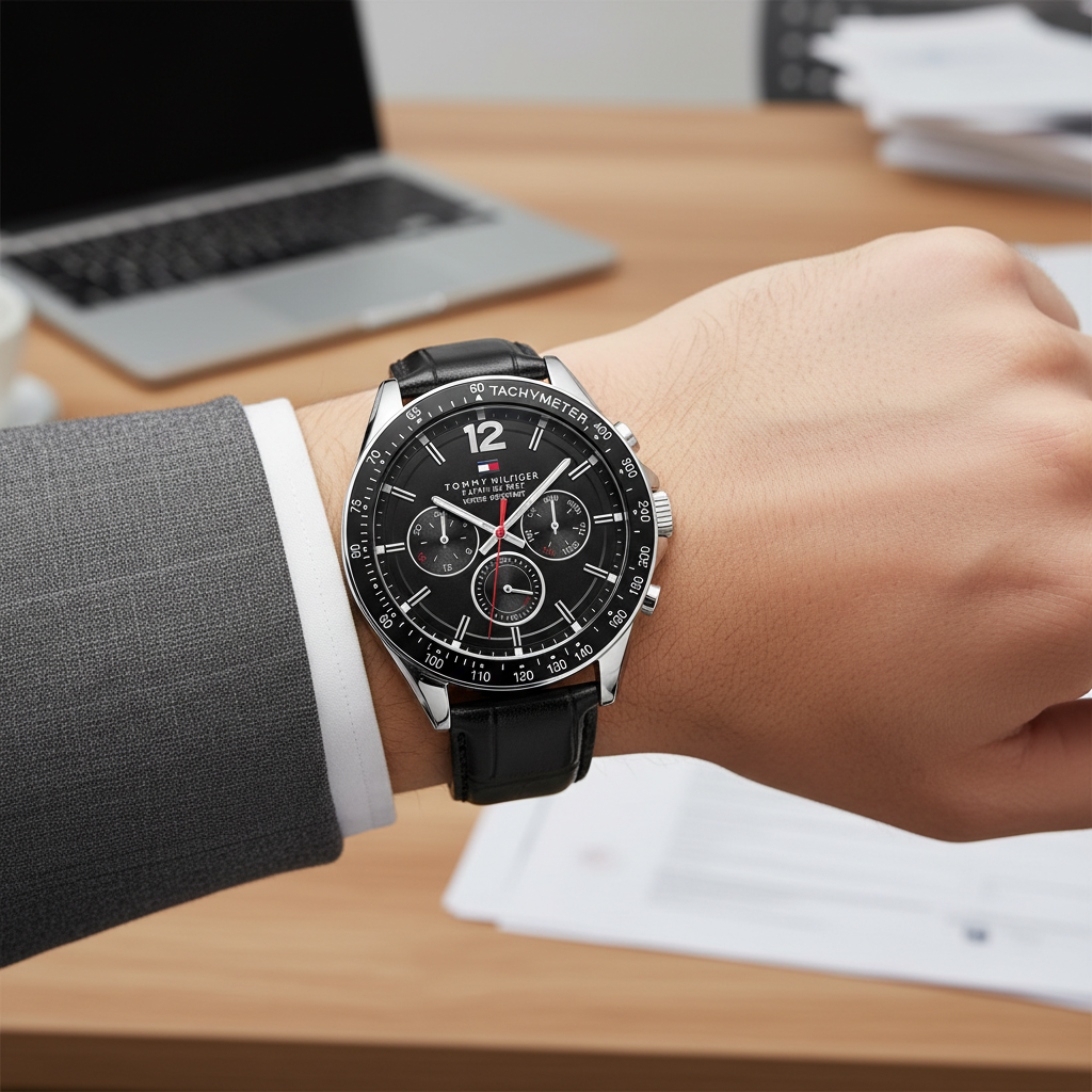 Close up of black dial and tachymeter bezel of Tommy Hilfiger 1791117