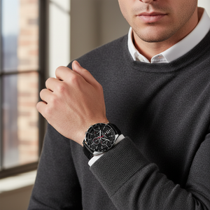 Man wearing bold and sporty Tommy Hilfiger Luke 1791117 watch with black leather strap