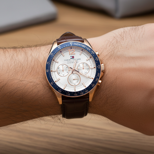 Close up of white dial and gold-tone markers of Tommy Hilfiger 1791118