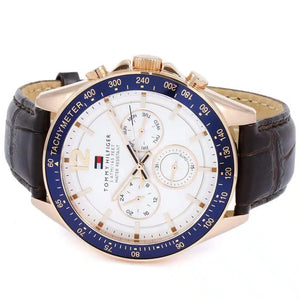 Profile view of Tommy Hilfiger Luke showing case thickness and brown leather strap