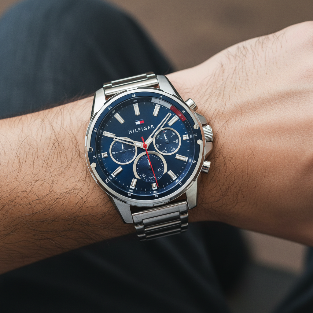 Close up of navy dial with silver-tone multi-function sub-dials of Tommy Hilfiger 1791788