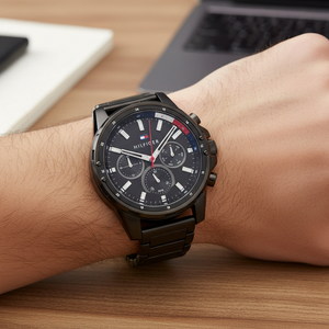 Close up of black dial with multi-function sub-dials of Tommy Hilfiger 1791935