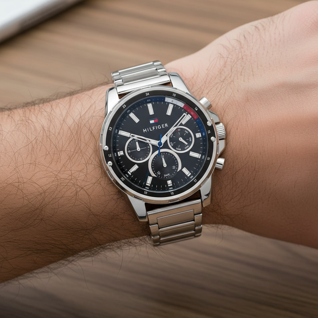 Close up of black dial with silver-tone multi-function sub-dials of Tommy Hilfiger 1791936