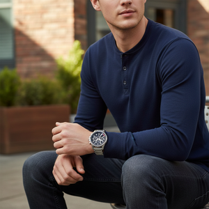 Man wearing bold Tommy Hilfiger Mason 1791936 watch with silver steel bracelet