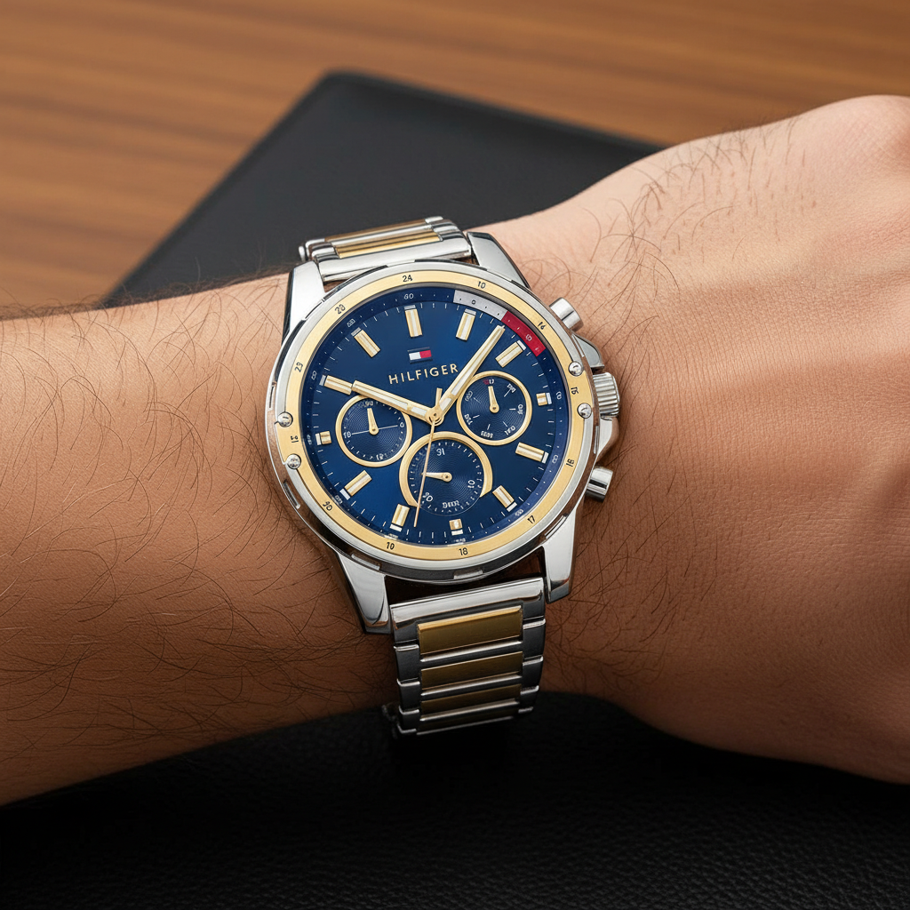 Close up of navy dial with gold-tone hands and multi-function sub-dials of Tommy Hilfiger 1791937