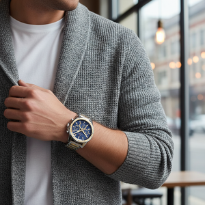 Man wearing prestigious two-tone Tommy Hilfiger Mason 1791937 watch with steel bracelet