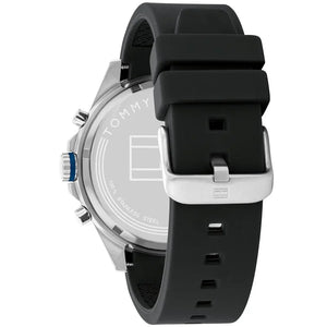 Angled shot highlighting the black durable rubber strap on Tommy Hilfiger 1791971