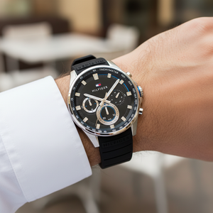 Close up of black dial and blue accents with sub-dials of Tommy Hilfiger 1791971