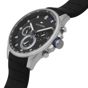 Profile view of Tommy Hilfiger Max showing case thickness and black rubber strap