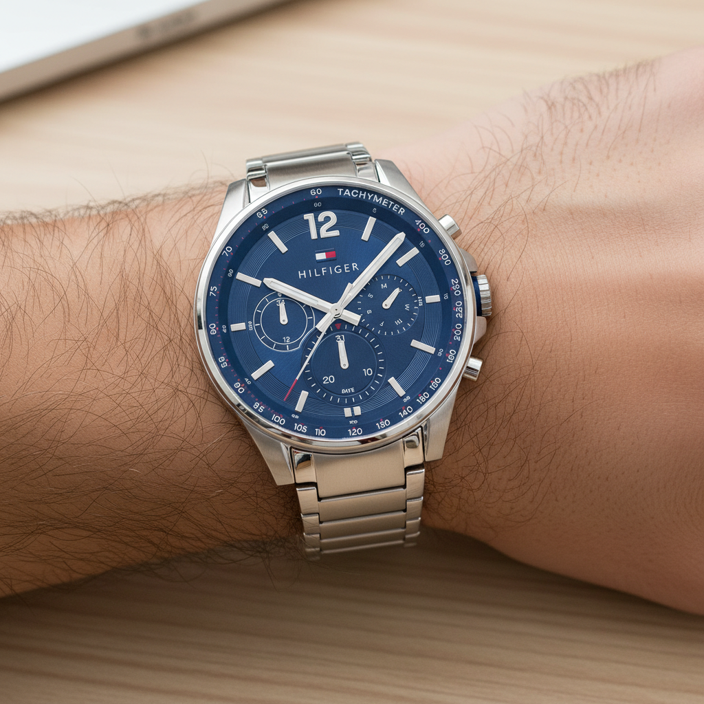 Close up of navy sunray dial with Arabic numerals and sub-dials of Tommy Hilfiger 1791973