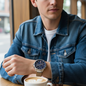 Man wearing bold Tommy Hilfiger Max 1791973 sport watch with silver steel bracelet