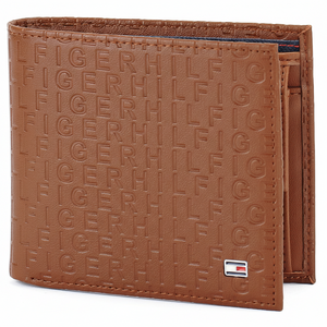 A side perspective of the standing Tommy Hilfiger brown leather bifold wallet, showcasing the elegant embossed texture and premium bifold design