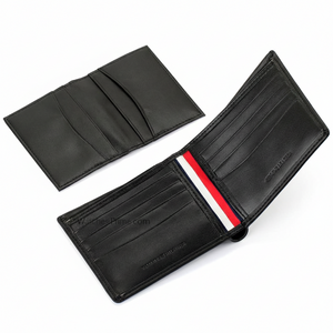 Detailed interior display of the Tommy Hilfiger black leather bifold wallet, showcasing multiple card compartments and high-quality genuine leather finish