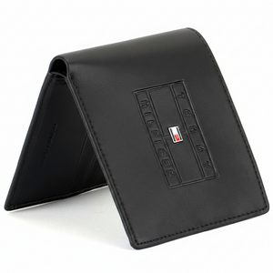Rear perspective of the Tommy Hilfiger black genuine leather wallet showing the smooth matte finish and high-quality durable stitching